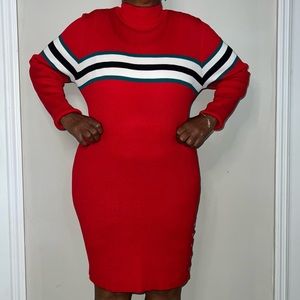 LONGSLEEVE RED BOLD STRIPE TURTLE NECK SWEATER MIDI DRESS